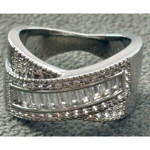 Silver-Tone Cocktail Ring With Baguette & Round Cut CZ Stones 7